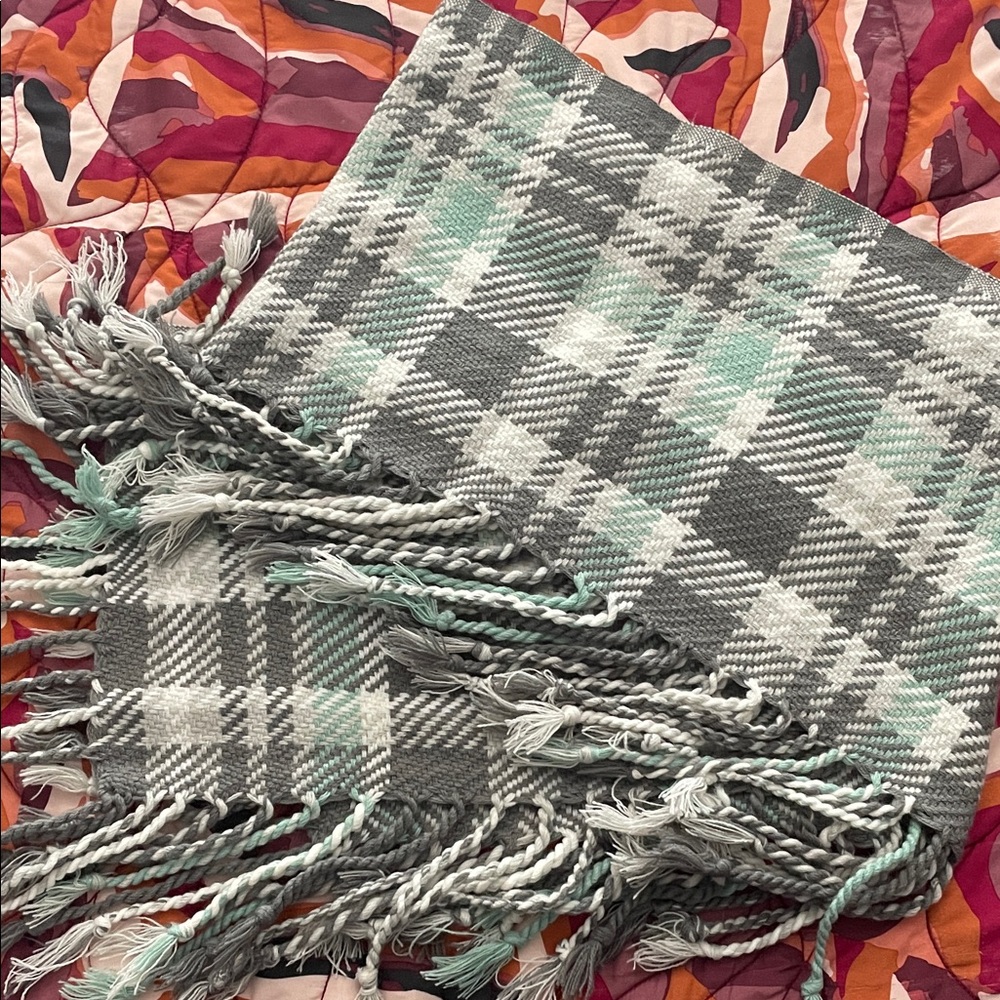 ✨ Mint Green, Gray and White Plaid Fringed Scarf